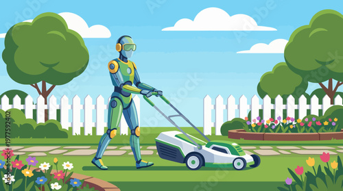 An illustration of a humanoid robot mowing a well-kept lawn, surrounded by flowers and greenery, representing the integration of technology in everyday gardening.