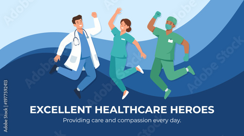 A joyful illustration of healthcare workers celebrating their dedication and compassion in providing care, portraying teamwork and positivity in the medical field.