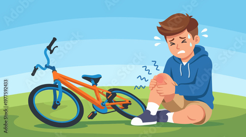 A young boy touching his knee in distress after a fall from his bicycle, illustrating the risks and emotions associated with childhood exploration and activities.