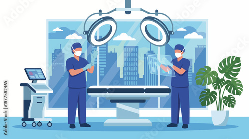 This clinical illustration shows a contemporary surgical room where healthcare professionals prepare for an operation, featuring advanced medical equipment and a city view.