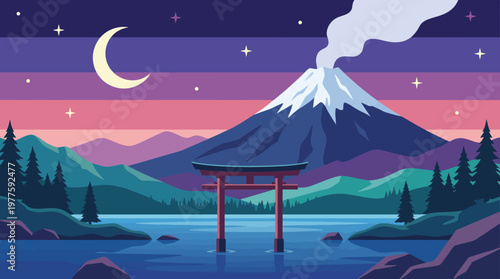 The image showcases a serene landscape with a majestic mountain and a traditional torii gate, symbolizing peace and the blend of nature and culture in tranquil environments.