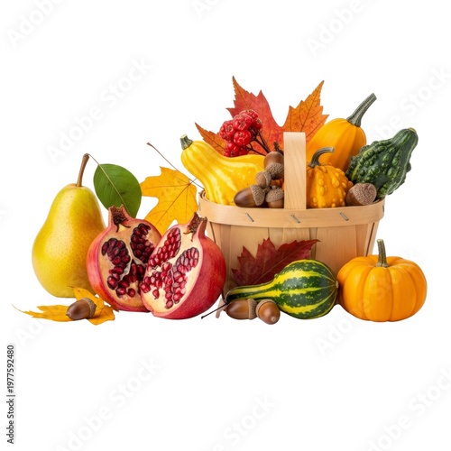 Autumn harvest basket with fruits and gourds