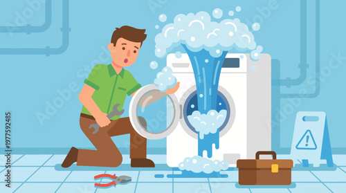 Illustrating a domestic emergency, this image features a shocked person dealing with a flooding washing machine, emphasizing the need for home maintenance awareness and safety.