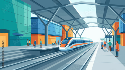 This vibrant image depicts a modern train station with a high-speed train arriving, representing speed and efficiency in travel, connecting people and places seamlessly.