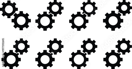Collection of black interlocking gear icons on a white background cogwheel mechanism