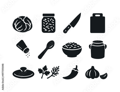 Fermented Cabbage Icons. Solid vector icons of fermented cabbage: cabbage, jar, knife, cutting board, salt, wooden spoon, bowl,