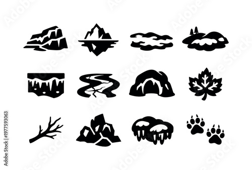 Frozen Nature Icons. Solid vector icons of frozen nature: glacier, iceberg, snowfield, tundra, permafrost, frozen river, ice cave,