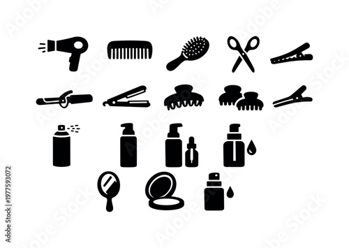 Hair Styling Essentials. Solid vector icons of hair styling: hair dryer, comb, brush, scissors, curling iron, flat iron, hair