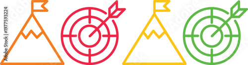 Target and flag icons combined with geometric shapes in a colorful design layout