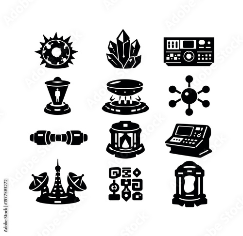 Solid vector icons of alien technology: plasma core, energy crystal, control panel, hologram emitter, levitation field, circuit