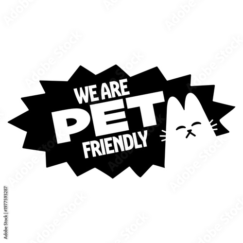 we are pet friendly banner, pets are welcome cute cat icon