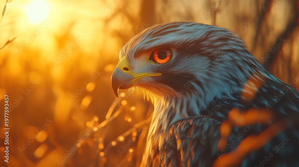 Obraz premium Majestic hawk at sunset, profile view, sharp focus, golden light.