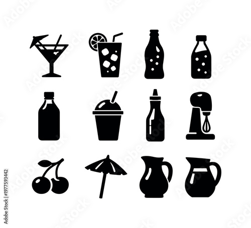 Solid vector icons of non alcoholic bar drinks: mocktail, lemonade, soda, tonic, kombucha, smoothie, syrup, mixer, garnish cherry