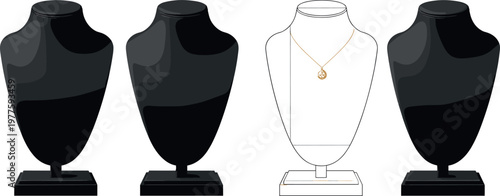 Jewelry display mannequin set with necklace presentation stands isolated on white background, elegant showcase bust vector illustration collection