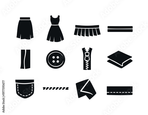 Solid vector icons of midi length: skirt, dress, pleated hem, waistband, seam, button, zipper, fabric layer, pocket, stitch, fold