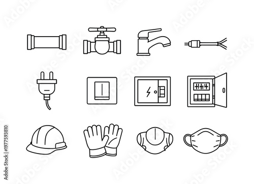 Line style of all inclusive renovation vector icons: plumbing, pipe, valve, faucet; wiring, cable, switch, panel; safety, helmet,