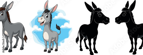 Donkey character set with cartoon style, realistic pose and silhouette variations isolated on white background, farm animal vector illustration collection
