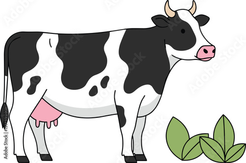 Black and White Spotted Dairy Cow with Horns Standing Near Green Leaves Flat Vector Illustration Isolated on White Background for Farm Design