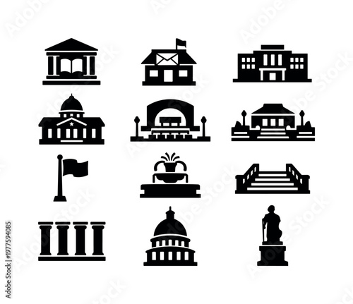 Solid vector icons of government building: municipal library, post office, government annex, city council chamber, civic