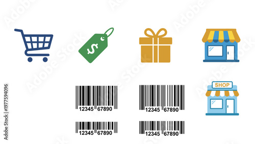 A set of colorful vector graphics depicting shopping icons on transparent background