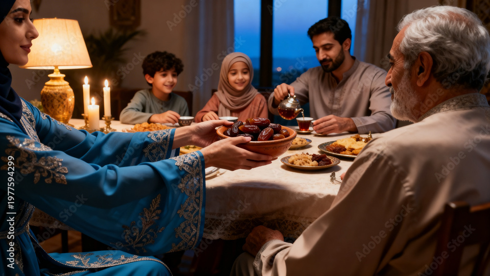 Obraz premium Warm family gathering at dinner, sharing traditional food, showcasing love and togetherness in a cozy setting during evening.