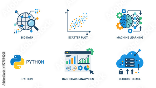 A set of six vector icons representing big data, machine learning, and cloud storage on transparent background