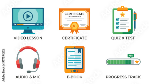 A colorful vector graphic illustration of online learning icons on transparent background
