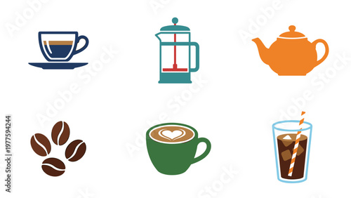 A set of colorful coffee and tea icons on transparent background