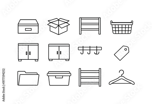 Line style of Declutter vector icons: Drawer, Box, Shelf, Basket; Closet, Cabinet, Hooks, Label; File, Storage bin, Rack, Hanger,