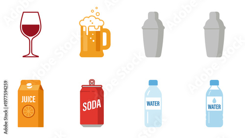 A set of colorful beverage icons on transparent background