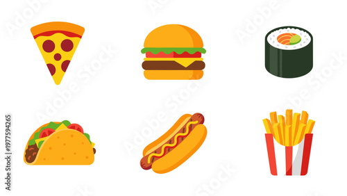 A colorful vector graphic illustration of various fast food items on transparent background