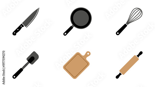 A set of kitchen utensils and tools on transparent background