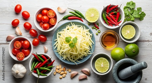 Thai papaya salad preparation ingredients laid out for som tum