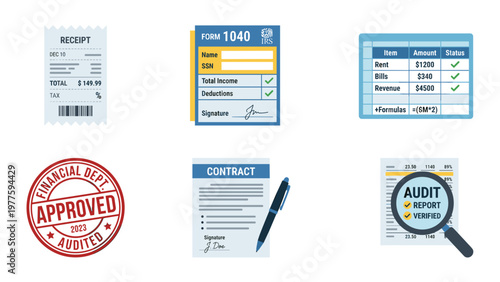 A collection of business document icons including receipts, contracts, and audit symbols on transparent background