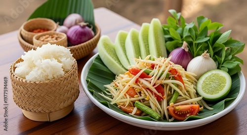 Thai papaya salad som tum with sticky rice and fresh vegetables