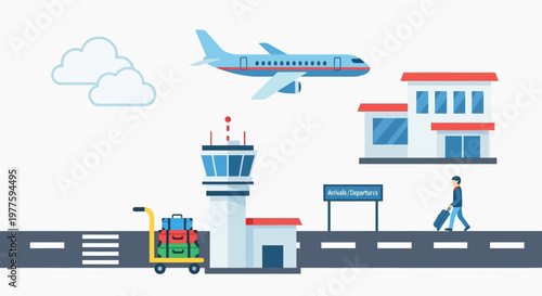 Airplane flying over airport terminal building.