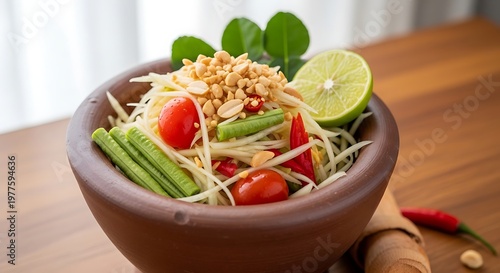 Delicious papaya salad in a traditional mortar with fresh ingredients