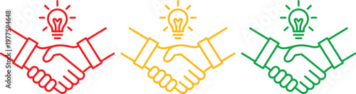 Illustrated handshake icons with glowing lightbulbs symbolizing collaboration and innovation