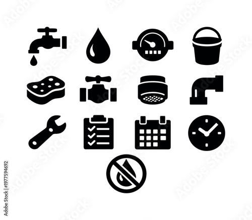 Solid vector icons of water saving: faucet, droplet, water meter, bucket, sponge, shutoff valve, aerator, pipe, wrench, checklist