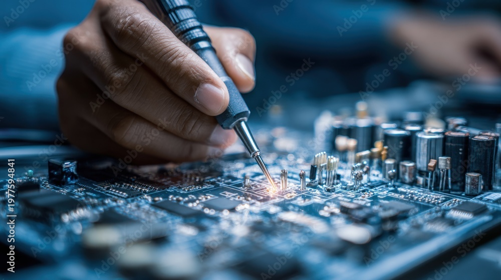 Naklejka premium Electronic circuit board soldering close up with hand holding tool
