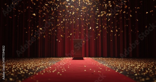 Red carpet and stage with golden confetti falling concept for awards