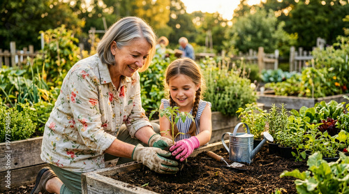 Grandmother and granddaughter planting a tomato seedling in a raised garden bed. Happy senior woman teaching child how to garden outdoors. Family bonding concept