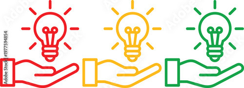 Three hands each holding a glowing lightbulb representing different stages of an idea or process