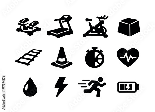 Solid vector icons of home cardio workout: stepper, treadmill, spinBike, jumpBox, agilityLadder, cone, interval, heartRate,