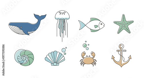 Sea creatures and nautical icons set.