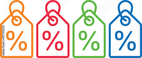 Colorful discount tags indicating zero percent off deals on products