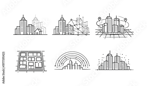 Digital Twin City. Line vector icons of a city where every building has its digital twin (urban twin mapping): building contour,