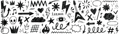 hand drawn black doodle sketch element set with heart star crown skull lightning arrow flame speech bubble swirl for tattoo sticker comic streetwear and creative graphic design