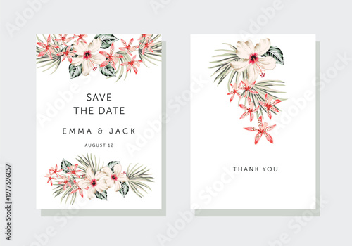 Wedding cards design. Tropical hibiscus, pink orchid flowers, green leaves bouquets, white background. Vector illustration. Romantic floral arrangements. Invitation template