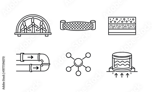 Line style icons of CO₂ capture installations: intake turbine arc, sorbent mesh band, reactant layer tile, airflow duct line,
